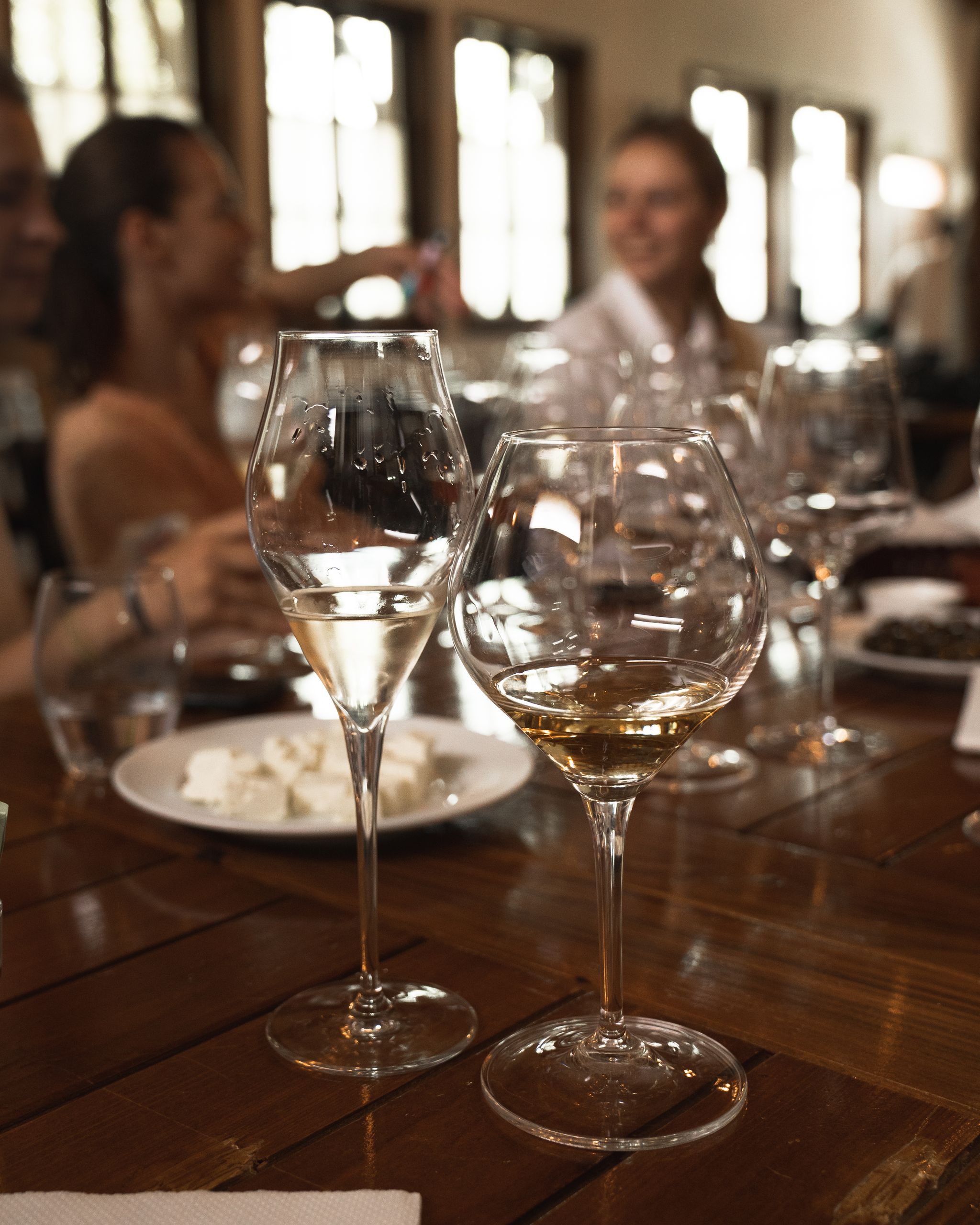 Indoor gathering with wine glasses and people enjoying conversation, showcasing elegance and camaraderie.